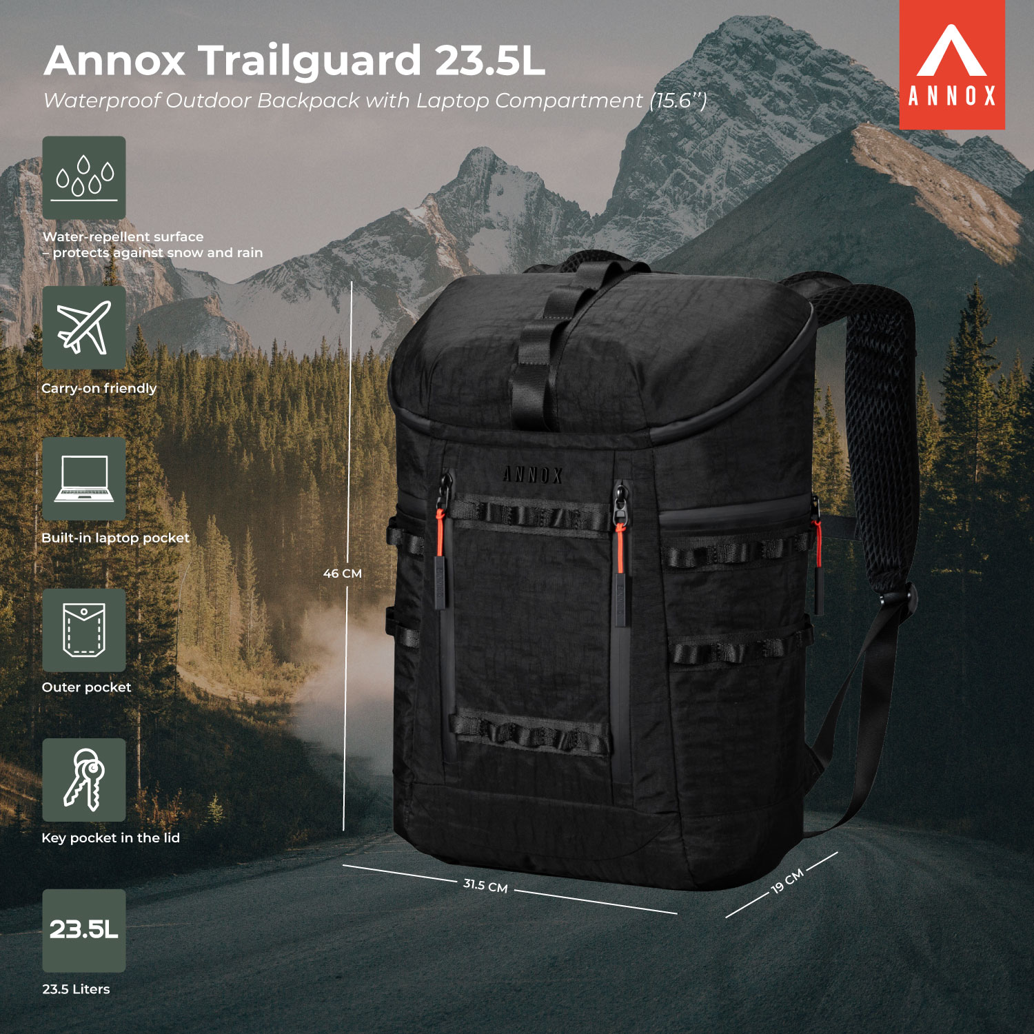 Annox Trailguard 23.5L - Voděodolný venkovní batoh s oddělením pro laptop (15.6“)
